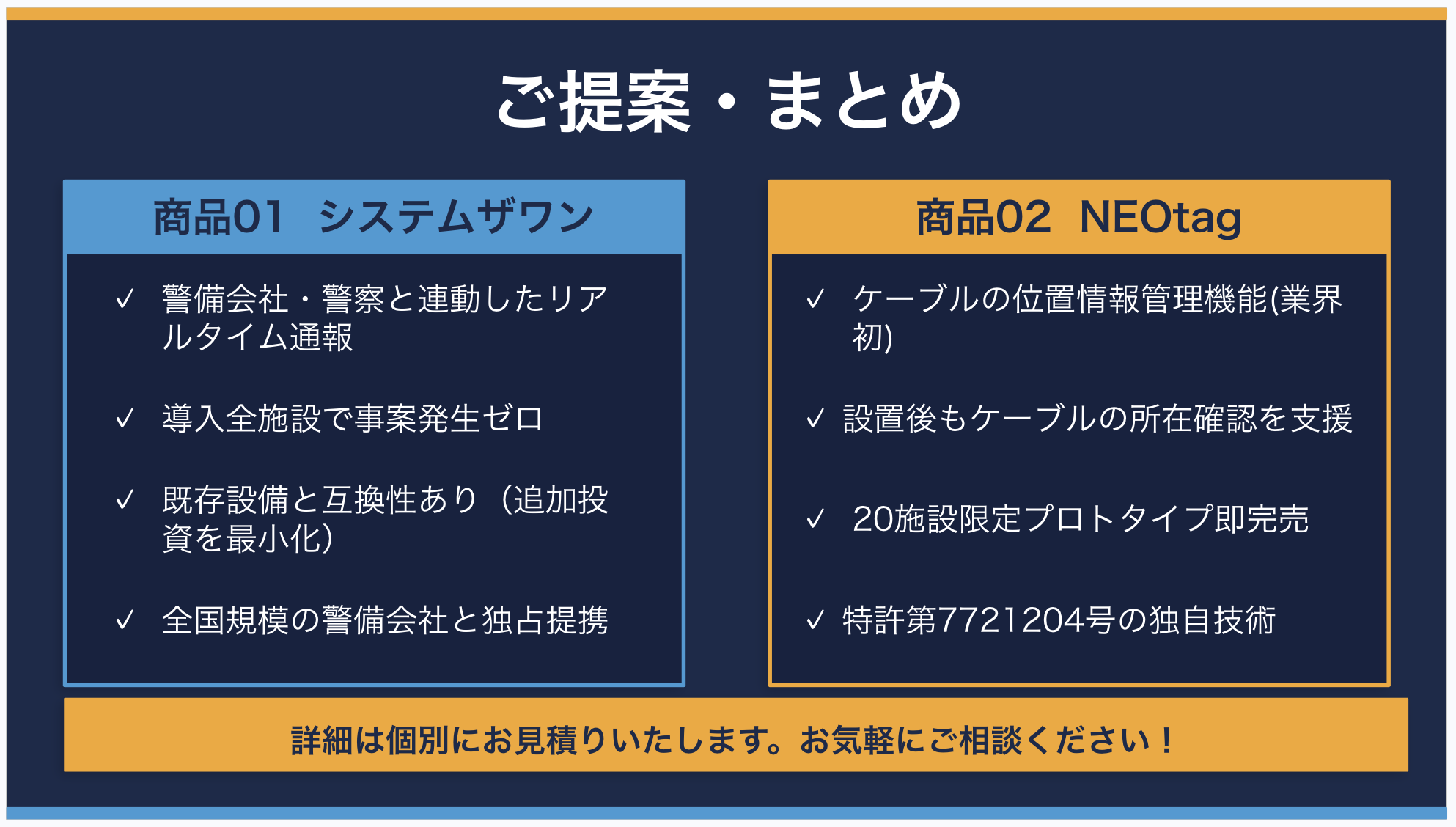 ご提案・まとめ
警備会社連動の防犯システム「システムザワン」と、位置情報管理タグ「NEOtag」の導入メリットと提案まとめ