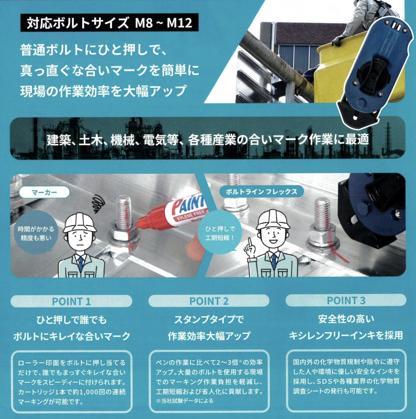 ボルトライン フレックス
M8〜M12ボルト対応、ひと押しでキレイな合いマークが付けられ作業効率を大幅にアップする「ボルトラインフレックス」の商品説明と3つの特徴